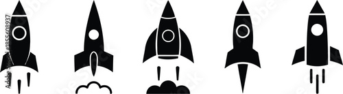 Set of Space Rocket Launch Icons Simple Collection of Black Rockets Taking off for Technology and Development