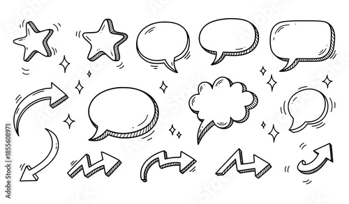 Fun doodle arrows speech bubbles and star shapes vector illustration