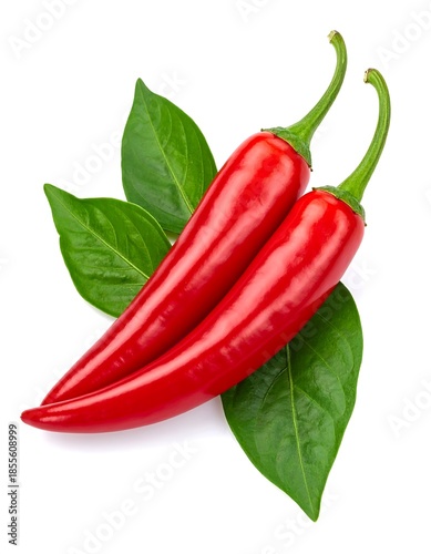 Two vibrant red chili peppers with fresh green leaves.