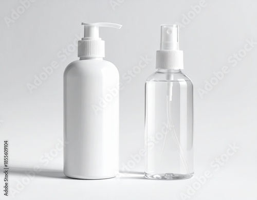Two white bottles, one with a pump and the other a spray, on a white background.