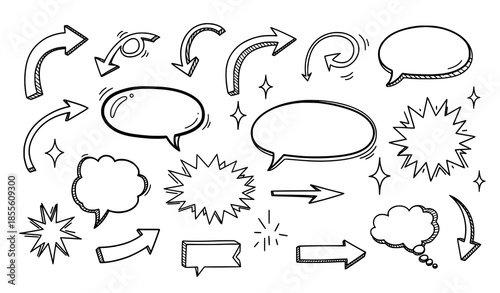 Hand drawn arrows speech bubbles and stars doodle vector collection