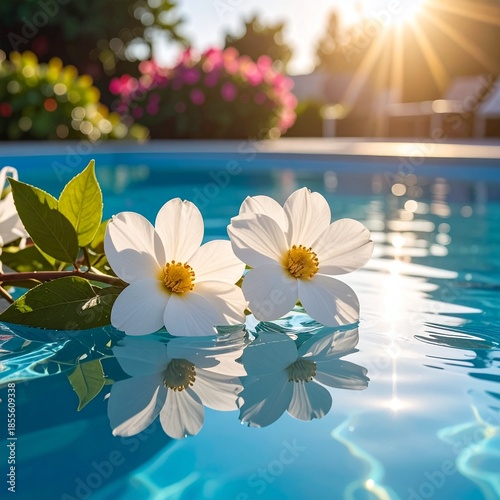 Two white cosmos flowers floating on the surface of a swimming pool with sunlight.