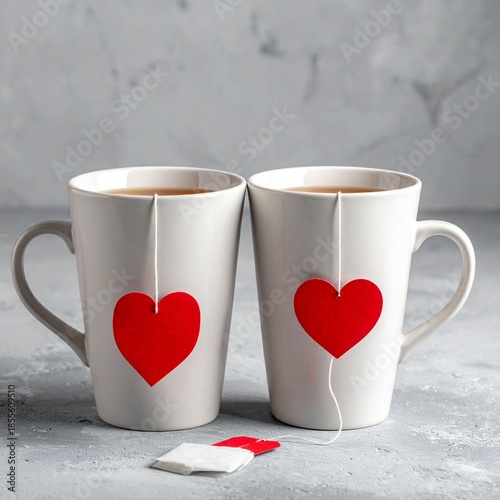 Two white mugs with red hearts, filled with tea, perfect for a romantic moment.