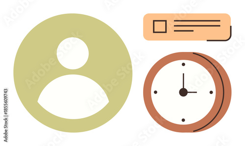 User profile icon, notification with text, and clock visualizing task tracking, time scheduling, user engagement, productivity, notifications, efficiency, and organization in a simple flat metaphor