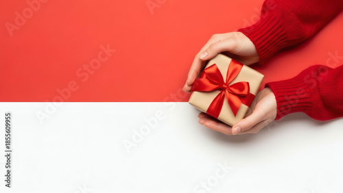 Hands holding a gift box with red ribbon on red and white background