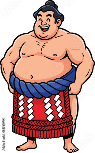 Sumo wrestler cartoon vector, Japanese culture icon, traditional attire, topknot hairstyle, cheerful pose, flat vector illustration