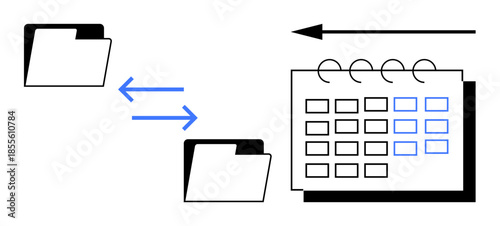 Data synchronization. File folders data transfer, while a calendar scheduling. Data synchronization ensures organized workflows and time management. Ideal for productivity, project planning, time