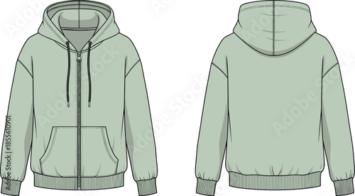 Technical flat sketch of hooded zip-up sweatshirt front and back view with split kangaroo pocket, drawstring hood, vector illustration