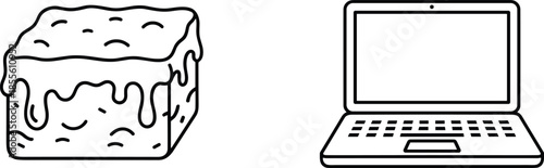 Line art vector illustration of a modern laptop computer and a delicious frosted cake isolated on white background.