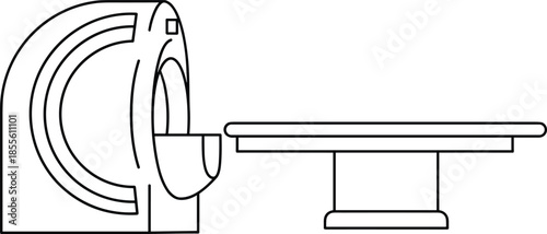 Medical MRI scanner or CT scan machine vector line art illustration isolated on white background for healthcare diagnostic and hospital equipment.
