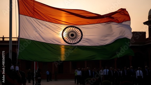 A large Indian national flag proudly unfurled against a beautiful sunset sky, with people gathered below in a solemn ceremony.