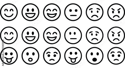 Collection of black and white emoji faces showing various emotions emoticon expression