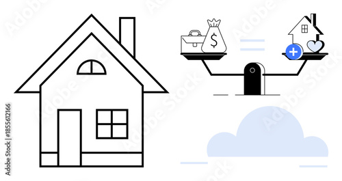 Real estate concept. Real estate ed by a house and a scale balancing financial wealth and homeownership. Real estate implications for value, investment, and financial planning. include property