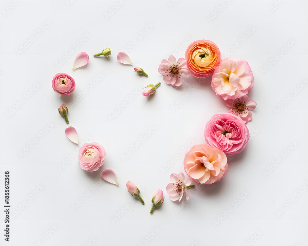 Obraz premium Delicate pink and orange ranunculus and blossom flowers forming a heart shape