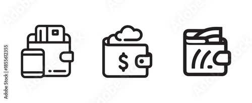 Set of Wallet Icons with Cash and Credit Cards