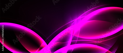 Abstract pink glowing shapes over dark background. Smooth curves create dynamic visual effect. Brightness contrasts with black space.