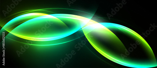 Abstract glowing shapes, vibrant green hues, dynamic curves. Light radiates from center, creating futuristic feel. Dark background emphasizes luminosity.