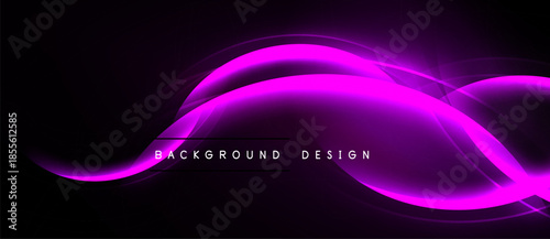 Abstract purple lines flow across black background. Dynamic curves create modern design element. Bright glow adds visual interest.