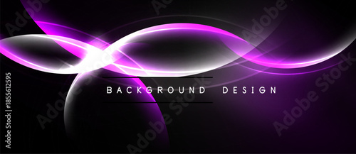 Abstract design features glowing purple waves over black background. Text reads background design. Smooth curves create dynamic visual effect.