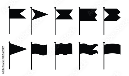 Flag Icon Set Vector. Black Silhouette Flags Collection on Poles