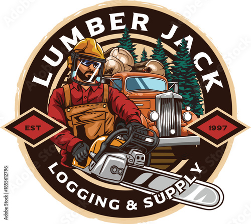 illustration design of a woodcutter cutting wood using a chainsaw