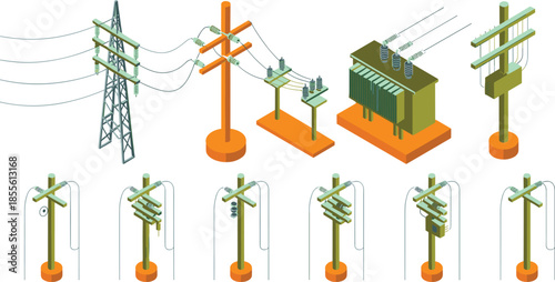 Isometric electric power transmission icons set, utility poles transformers high voltage lines, electricity distribution infrastructure, energy grid, vector illustration