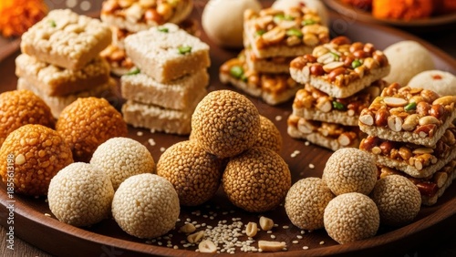 Assortment of traditional indian sweets like til laddu and chikki on a wooden tray for festive occasion. Holiday dessert food.