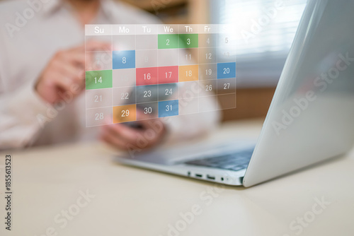 Digital calendar planning assistant powered by artificial intelligence, showing futuristic scheduling interface with task icons, chatbot symbol, and glowing notifications on smart device screen