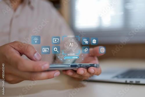 Chatbot Chat with AI, Artificial Intelligence. man using technology smart robot AI, artificial intelligence by enter command prompt for generates something, Futuristic technology transformation.