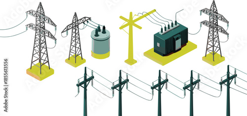 Isometric electrical infrastructure icons set, power poles pylons transformers, electricity transmission and distribution network, utility grid elements, vector illustration