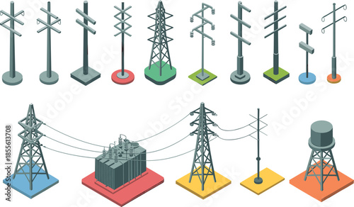 Isometric electrical infrastructure icons set, power poles transmission towers transformers substations, electricity distribution network, utility grid, modern energy illustration