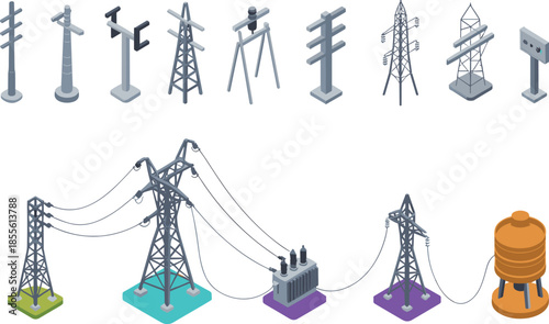 Isometric electrical infrastructure icons set, power poles transmission towers transformers substations, electricity distribution network, utility grid, modern energy illustration