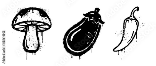 mushroom eggplant and chili pepper graffiti spray paint food icons set