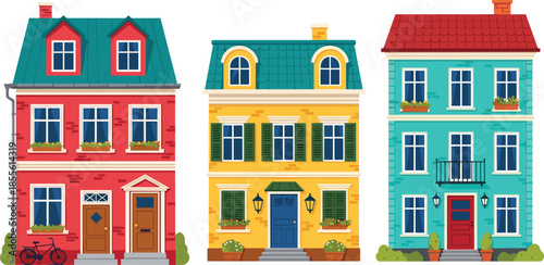 Cartoon townhouse trio with flower boxes, balconies, lanterns, and bikes for urban, residential, and architectural design themes.