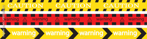 Yellow and black danger tape set. Caution warning tape in yellow red black diagonal stripes road line. hazardous warning tape. Seamless barrier. Abstract warning lines for police, accident, under cons
