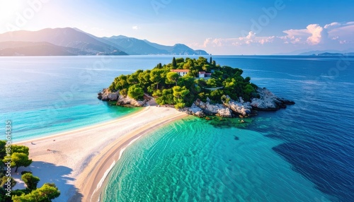 Aerial view of a small, lush green island with a tombolo beach connecting to the shore in clear turquoise waters.