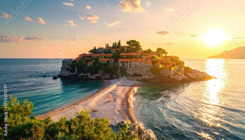 Sveti Stefan Island Resort on the Adriatic Coast at Sunset