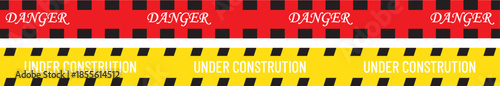 Yellow and black danger tape set. Caution warning tape in yellow red black diagonal stripes road line. hazardous warning tape. Seamless barrier. Abstract warning lines for police, accident, under cons