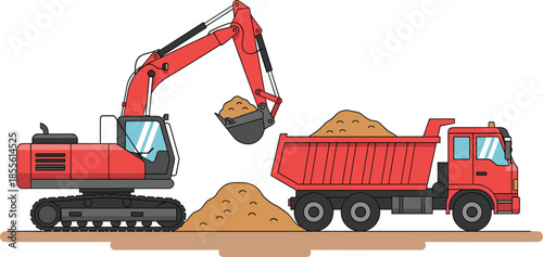 Construction scene with red excavator and dump truck transferring dirt for earthmoving, machinery, and industrial operation themes.