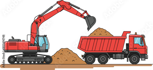 Construction scene with red excavator loading dirt into dump truck for earthmoving, machinery, and industrial operation themes.