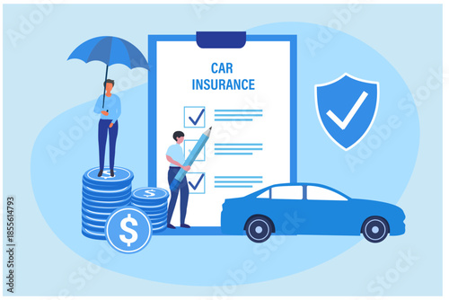 Car Insurance service. Man Buying Car Insurance and Signing Form. vector illustration

