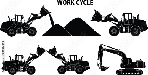 Construction work cycle silhouette set with loaders and excavator in sequential earth-moving actions for industrial and workflow themes.