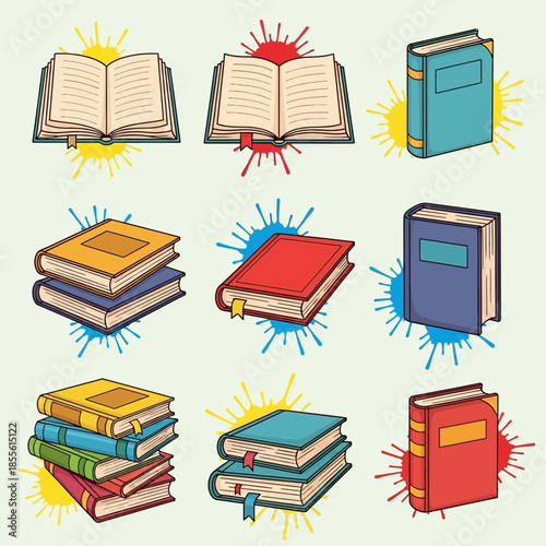 Collection of stacked and open books.