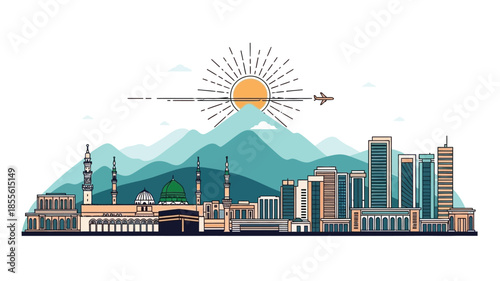 Illustrative Skyline of Medina City with Iconic Mosques and Modern Architecture