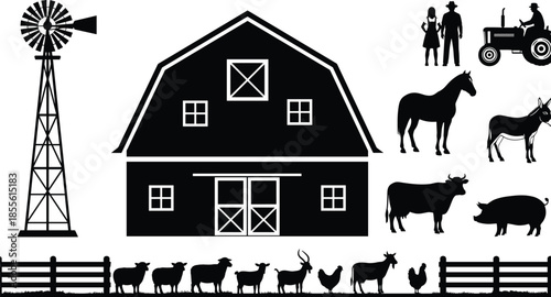 Farm silhouette illustration with barn, windmill, tractor, farmers, and animals for agriculture, rural life, and educational themes.