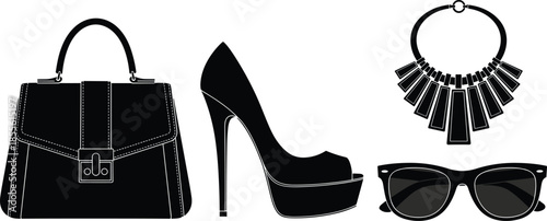 Fashion accessory and footwear silhouette set with handbag, heel, necklace, and sunglasses for style and branding themes.