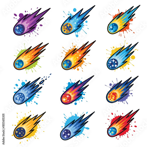 Colorful Meteorites in Space Explosion.