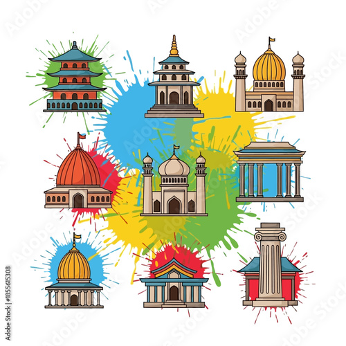 Colorful illustrations of famous buildings.