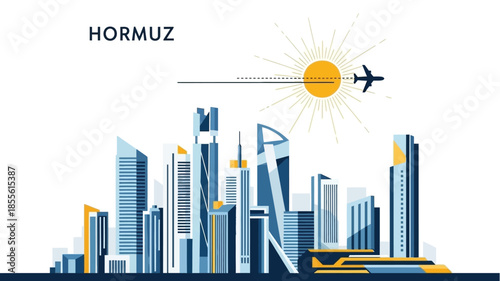 Modern Cityscape with Airplane Flying Over Sunlit Skyscrapers - Illustrative Vector Art