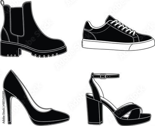 Footwear silhouette set with ankle boot, sneaker, pump, and sandal for fashion, comfort, and style themes.